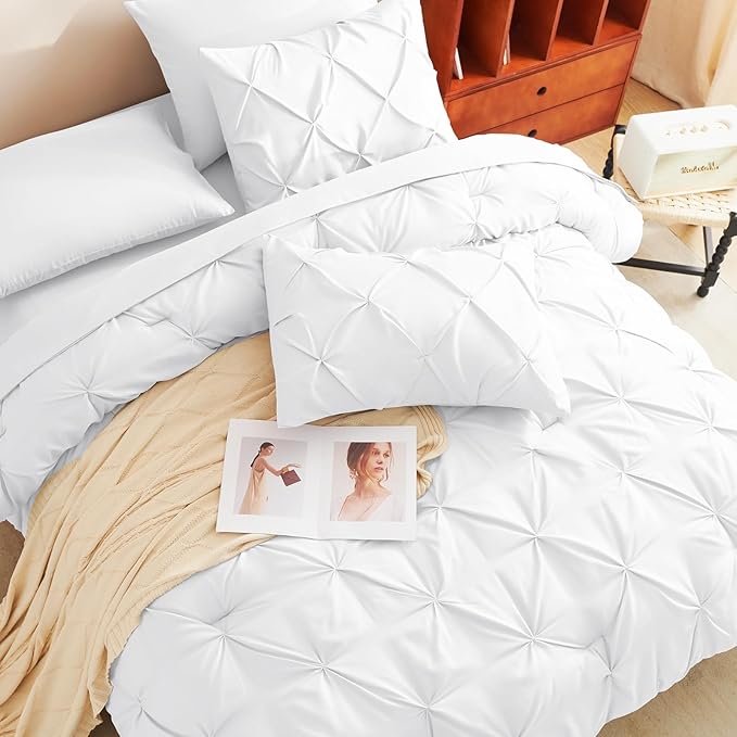 CozyLux Twin XL Comforter Set White, 5 Pieces Twin Extra Long Pintuck Bed in A Bag for College Dorm, Pinch Pleat Bedding Set with Comforter, Sheets, Pillowcase & Sham