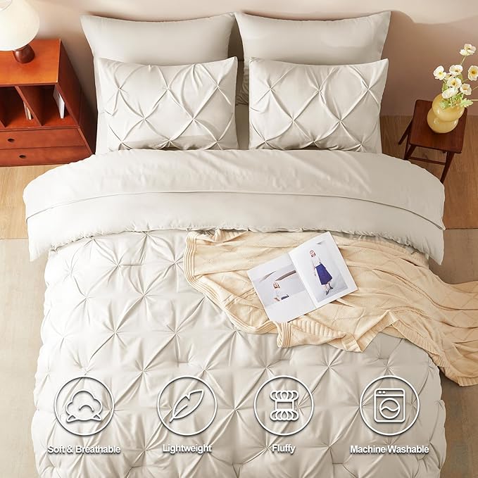 CozyLux Queen Comforter Set Beige, 7 Pieces Pintuck Bed in A Bag, Premium Beige Comforter Queen Size, Pinch Pleat Bedding Sets with Comforter, Sheets, Pillowcases & Shams