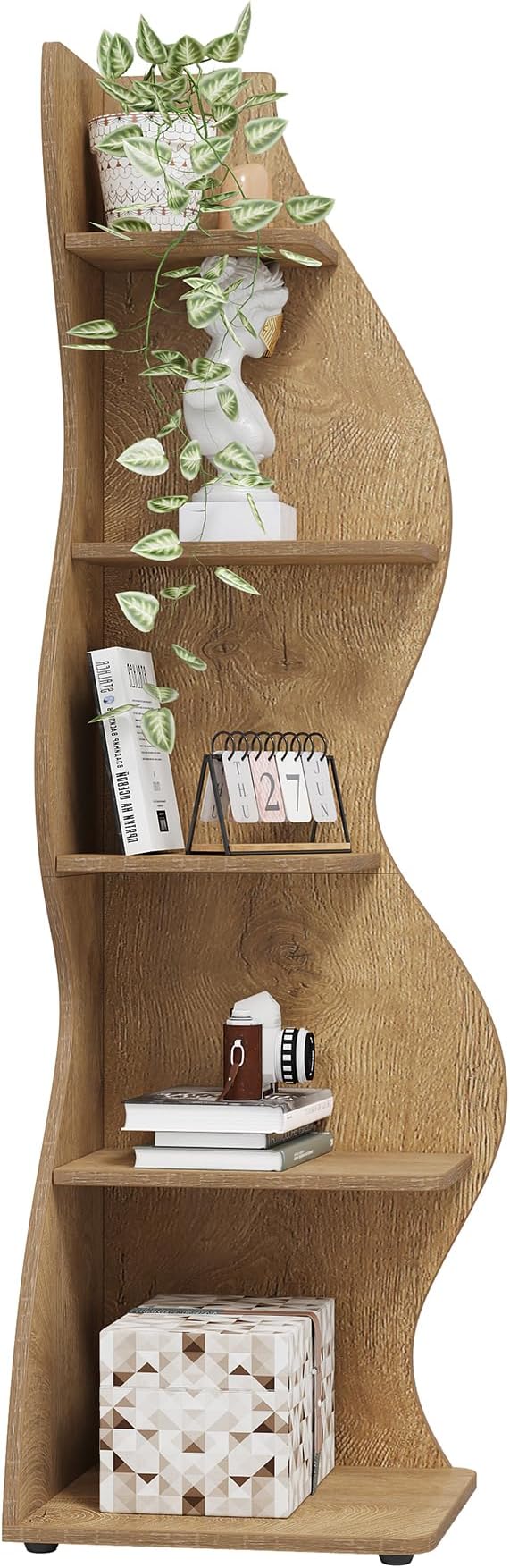 Tribesigns Wavy Corner Shelf, Modern 5-Tier Bookshelf Bookcase with Curvy Shape, Unique Plant Stand Display Rack for Living Room Small Space (Light Brown)