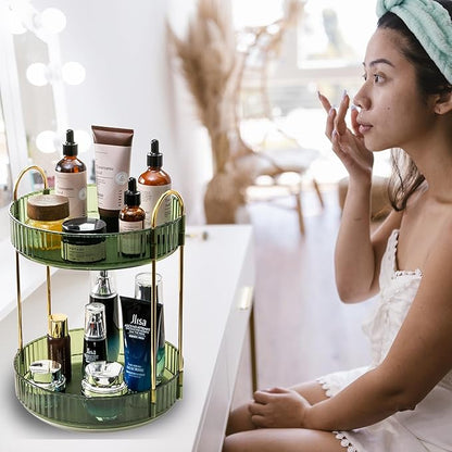 Rotating Makeup Organizer Countertop 2 Tier Lazy Susan Clear Skincare Perfume Storage for Bathroom Counter Vanity, Green Gold