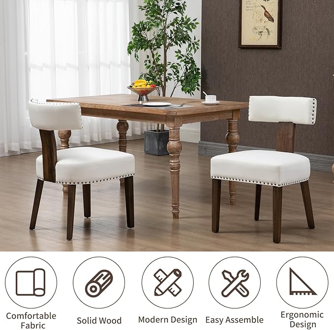 Upholstered Wooden Farmhouse Dining Chairs Set of 4, Mid-Century Modern Fabric Dining Room Chairs with Wood Legs, Curved Backrest Kitchen Armless for Living Room, Beige