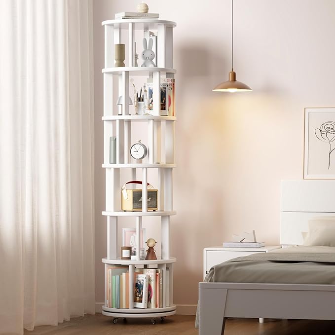 Solid Wood Rotating Bookshelf on Wheels, 6 Tier, Round Revolving Bookcase, 360° Spinning Book Shelf Tower for Kids, Narrow Rolling Bookshelves for Small Space, Corner, Bedroom, Office, White