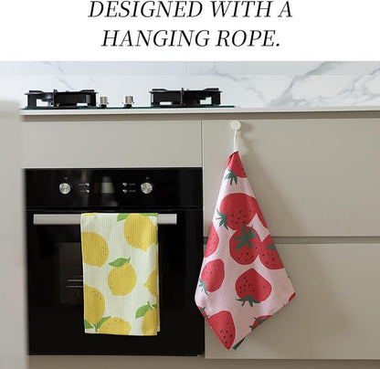DIBALA Dish Towels Set of 2 Quick Dry Microfiber Kitchen Towels with Hanging Loop, Strawberry Lemon