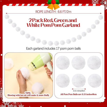 2 Pack Large Pom Poms Garland Hanging Decorations Colorful Soft Faux Rabbit Fur Ball Garland for Easter Xmas Holiday Wedding Baby Shower Birthday Party Supplies(White,3.15 Inch)