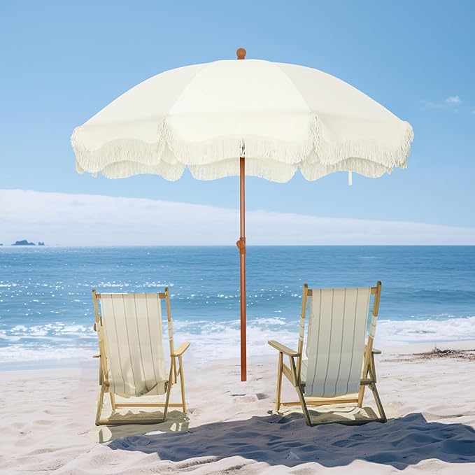PHI VILLA 7ft Beach Umbrella with Fringe & Sand Anchor, Outdoor Patio Heavy Duty Windproof Portable Tassel Umbrellas for Sand with Push Button Tilt & Carrying Bag, UPF 50+, White(No Base)