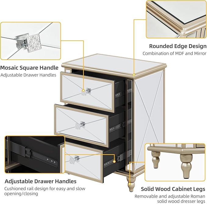 DWVO Gold 3 Drawers Dressers 23 Accent Chest with 3 Storage Drawers