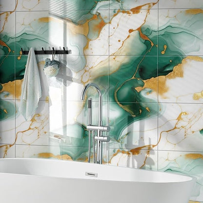 22pcs Marble Peel and Stick Backsplash Waterproof Washroom Wall Panels, Peel and Stick Tile, PVC Foam Wall Panels for Kitchen,Bathroom,Living Room,Green and Gold(Not Real Tile,11.8" x 11.8")