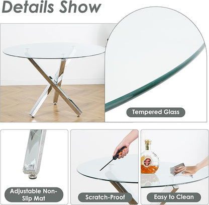 5 Pieces Round Glass Dining Table Set, 47'' Modern Luxury Circle Kitchen Set for 4, Clear Minimalist Circular Dinner Set with Black Woven Chairs Set, for Large Apartment Bedroom (Silver)