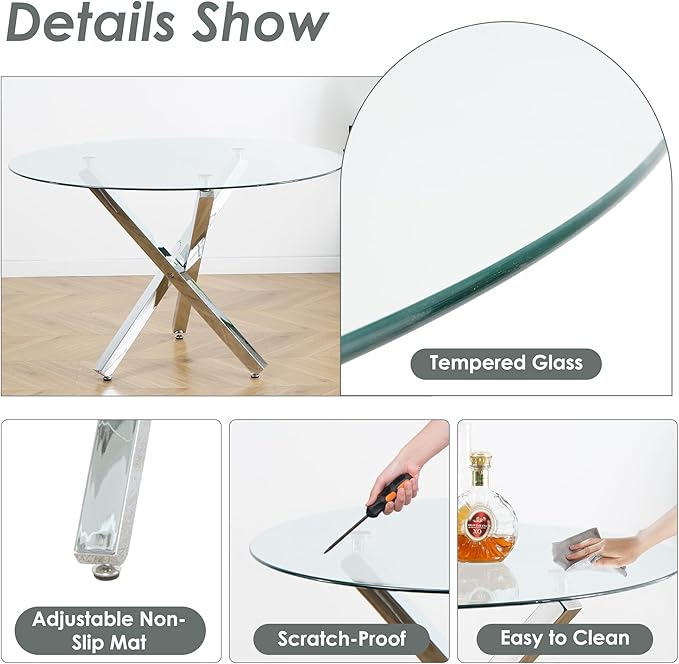 Silver Luxury Round Dining Table Set for 4, 47'' Clear Circle Glass Top Dinner Table Set, 5 PCS Modern Circular Kitchen Table and Grey Woven Chairs Set, for Large Apartment Living Room