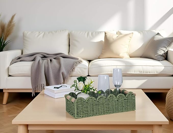 CubesLand Toilet Paper Storage Basket Scalloped Edge Home Decor Green Basket, Living Room Cozy Decor, Paper Rope Small Baskets for Over Toilet Storage Shelf, Shelves, with 2 Wooden Handles
