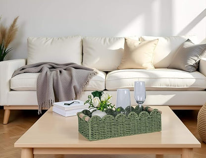 CubesLand Toilet Paper Storage Basket Scalloped Edge Home Decor Green Basket, Living Room Cozy Decor, Paper Rope Small Baskets for Over Toilet Storage Shelf, Shelves, with 2 Wooden Handles