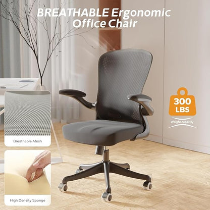 Ergonomic Office Chair with Adjustable Lumbar Support & Flip-Up Armrests - High Back Desk Chair with Thickened Seat Cushion, Rolling Wheels for Home/Office Study Work (01Blcak)
