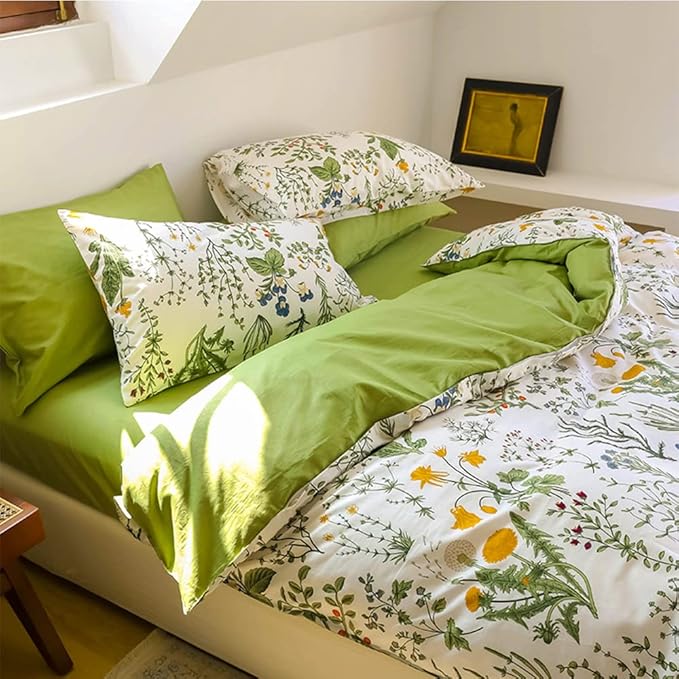 CLOTHKNOW Green White Floral King Size Comforter Set Boho Farmhouse Bedding Comforter Sets Flowers Comforter Botanical Comforter with 2 x Pillow Cases