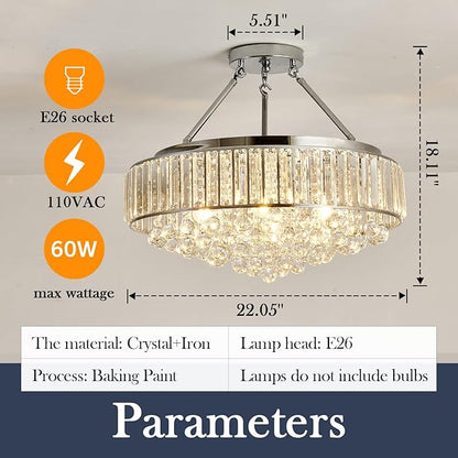 YYJLX 6 Light Modern Large Round Crystal Chandelier Chrome Semi Flush Mount Ceiling Light Fixtures E26 Ceiling Lamp for Dining Room Living Room Laundry Room Foyer Kitchen Balcony Bedroom(Silver).