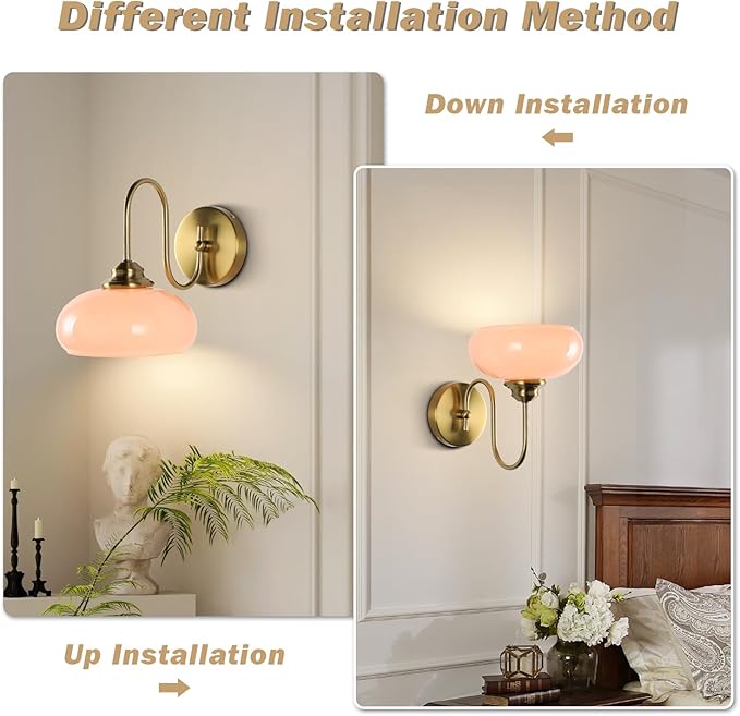 KCO Lighting Nordic Pink Glass Globe Wall Sconce Light Mid Century Modern Gold Wall Light Brushed Brass Wall Sconce Lamp Bedroom Wall Sconces Hardwired Indoor Sconce Wall Lighting