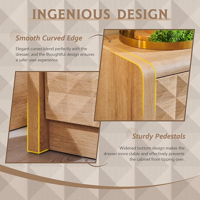 Modern 8 Drawer Dresser for Bedroom, Wooden Large Dressers &Chests of Drawers w/2 Different Drawer Sizes, Mid Century Modern Dresser w/Diamond Panel Decorate for Bedroom, Curved Profile Design,Natural