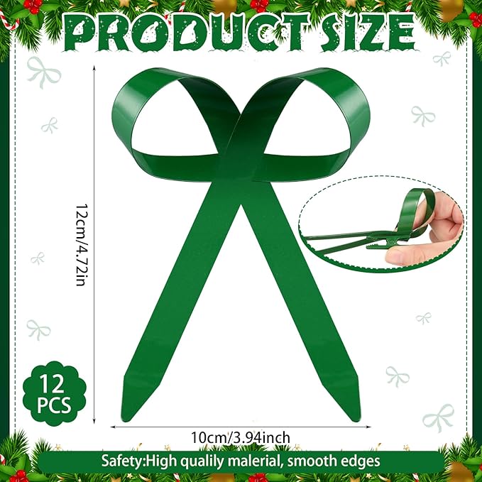 12 Pcs 2025 Metal Christmas Bow Ornaments for Christmas Tree Garland Wreath Bulk Bow with Clip Ornament Vintage Indoor Outdoor Home Xmas Party Decorations, 4 x 5 Inches (Green)