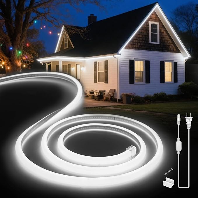 LED Neon Lights Daylight White 6000K,16.4ft 110-120V LED Strip Lights,Flexible Outdoor Waterproof Neon Rope Lights for Bedroom,Cabinet,Kitchen,Living Room,Mirror,Halloween Decor