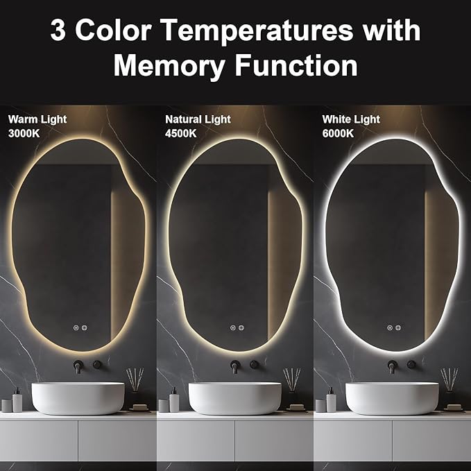 Asymmetrical LED Bathroom Mirror with Lights,Irregular Led Bathroom Vanity Mirror for Wall with Front and Backlit, Anti Fog, 3 Colors and Dimmable Light,[Horizontal/Vertical] 48" H x 30" W