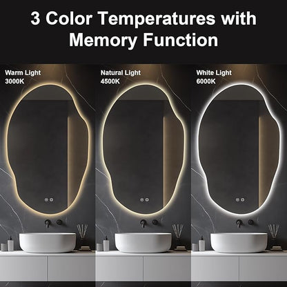 Asymmetrical LED Bathroom Mirror with Lights,Irregular Led Bathroom Vanity Mirror for Wall with Front and Backlit, Anti Fog, 3 Colors and Dimmable Light,[Horizontal/Vertical] 48" H x 30" W