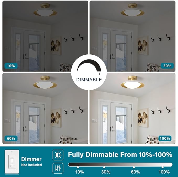 Dimmable Small Mid Century Modern Flush Mount Ceiling Light with Acrylic Shade,White and Gold LED Ceiling Lights,5CCT 2700K-6000K Light Fxiture for Hallway Entryway Bedroom Kitchen Laundry Room 11.8in