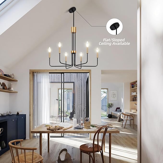 Modern Black and Gold Chandelier,6-Light Farmhouse Chandelier for Dining Room Light Fixtures Ceiling Hanging Industrial Chandelier Light Fixture for Kitchen Living Room Bedroom Entryway