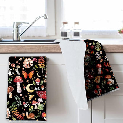 Mushroom Kitchen Towels Set of 2 Absorbent Tea Towels 24x16 Cooking Baking Home Decoration Tabletop Decor