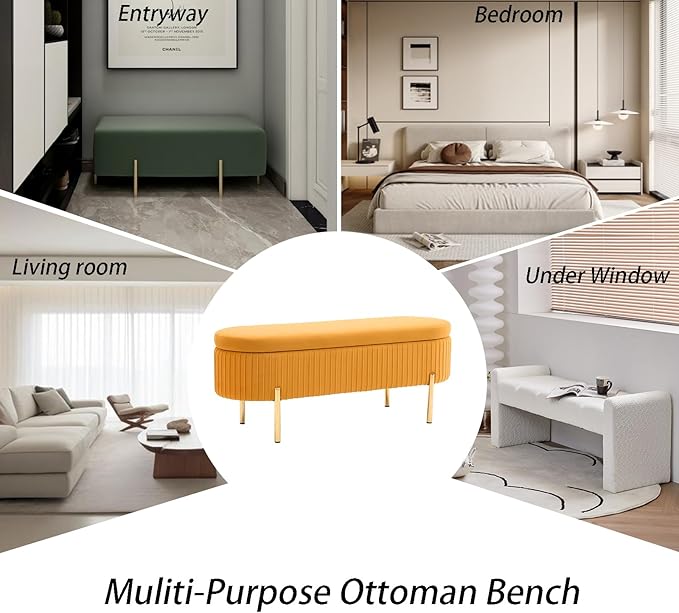 Velvet Storage Bench for Bedroom Upholstered End of Bed Bench Modern Ottoman with Gold Legs for Living Room/WindowEntryway (Mustard Yellow, Oval-45.5" W)