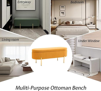 Velvet Storage Bench for Bedroom Upholstered End of Bed Bench Modern Ottoman with Gold Legs for Living Room/WindowEntryway (Mustard Yellow, Oval-45.5" W)