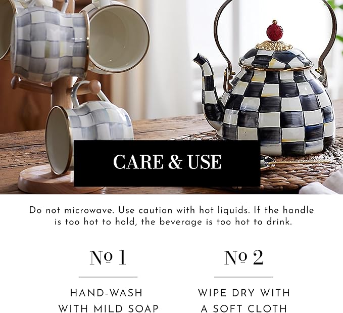 MACKENZIE-CHILDS Enamel Mug, Cute Enamelware Coffee and Tea Mug, Unique Drinkware, 16 Ounces, Gray-and-White Sterling Check, Set of 4