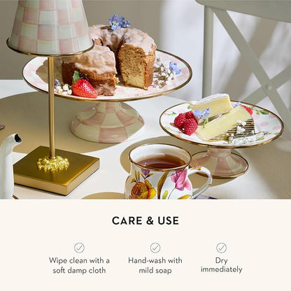 MACKENZIE-CHILDS Enamel Pedestal Platter, Round Cake Stand, Mini, Pink-and-White Rosy Check