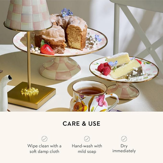 MACKENZIE-CHILDS Enamel Pedestal Platter, Round Cake Stand, Mini, Pink-and-White Rosy Check