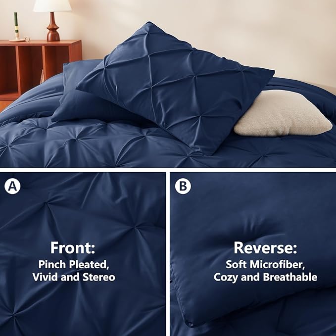 CozyLux Full Size Comforter Sets Navy Blue, 7 Pieces Pintuck Bed in A Bag Blue Comforter Full Size, Pinch Pleat Bedding Sets with All Season Comforter, Sheets, Pillowcases & Shams