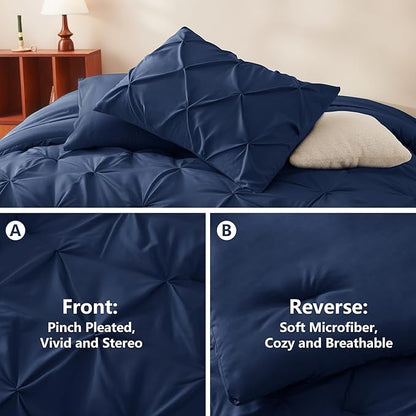CozyLux Full Size Comforter Sets Navy Blue, 7 Pieces Pintuck Bed in A Bag Blue Comforter Full Size, Pinch Pleat Bedding Sets with All Season Comforter, Sheets, Pillowcases & Shams