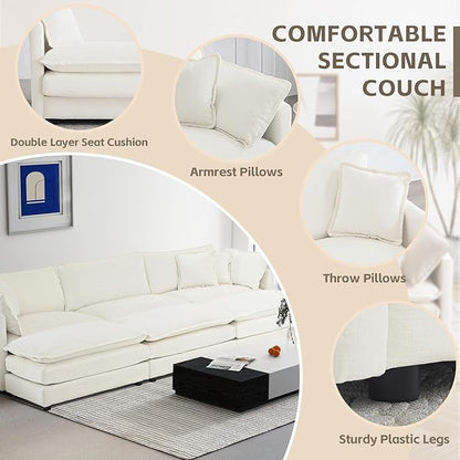 SoarFlash Chenille Sectional Sofa, Comfy Modular Coush Sofa with Ottoman, Modern 3 Seat Recliner Deep Seat Sofa Set for Living Room,White