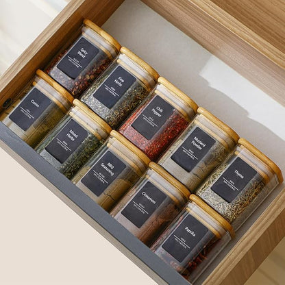 16Pcs 7oz Spice Jars Glass Container with 275 Labels, Airtight Seasoning Empty Organizer with Bamboo Lid Set for Pepper, Salt, Sugar