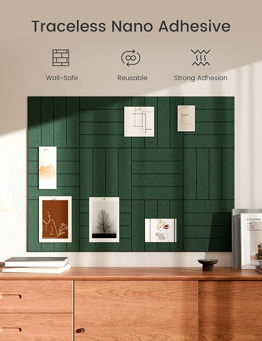 Bumusty Large Cork Board Alternative-47 x35 Felt Bulletin Board Tiles, with 30 Pushpins, 70 Adhesive Tabs, 12-Pack Slat Wall Paneling, Cork Boards for Office Push Pin Board Felt Board-Aurora Green