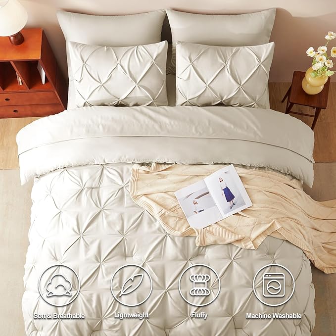 CozyLux King Size Comforter Set Oatmeal, 7 Pieces Pintuck Bed in A Bag Oatmeal Comforter King Size, Pinch Pleat Bedding Set with All Season Comforter, Sheets, Pillowcases & Shams