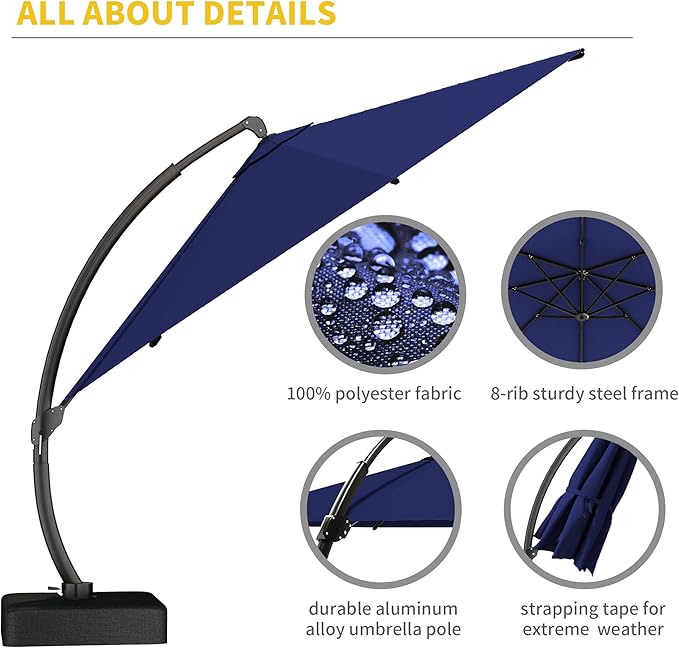 Kingdura 11ft Offset Cantilever Patio Umbrella with Base Included, Large Round Aluminum Outdoor Umbrella, 360° Rotation & Infinite Tilt, Heavy Duty Frame for Deck Pool Backyard, Navy blue