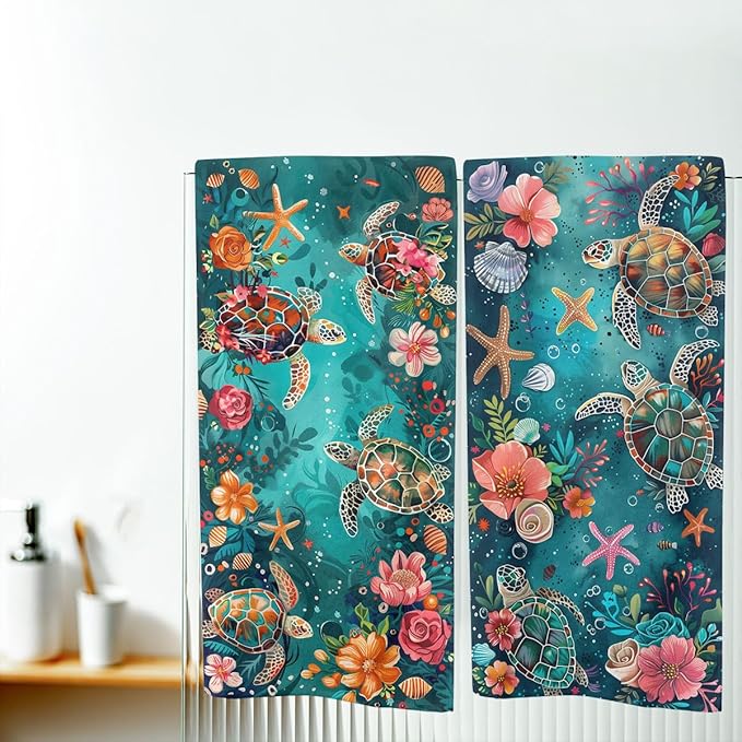 Sea Turtle Starfish Kitchen Dish Towels Set of 2 16x24 Farmhouse Holiday Tabletop Decor Coral Floral Turquoise