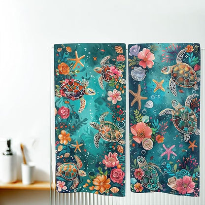 Sea Turtle Starfish Kitchen Dish Towels Set of 2 16x24 Farmhouse Holiday Tabletop Decor Coral Floral Turquoise