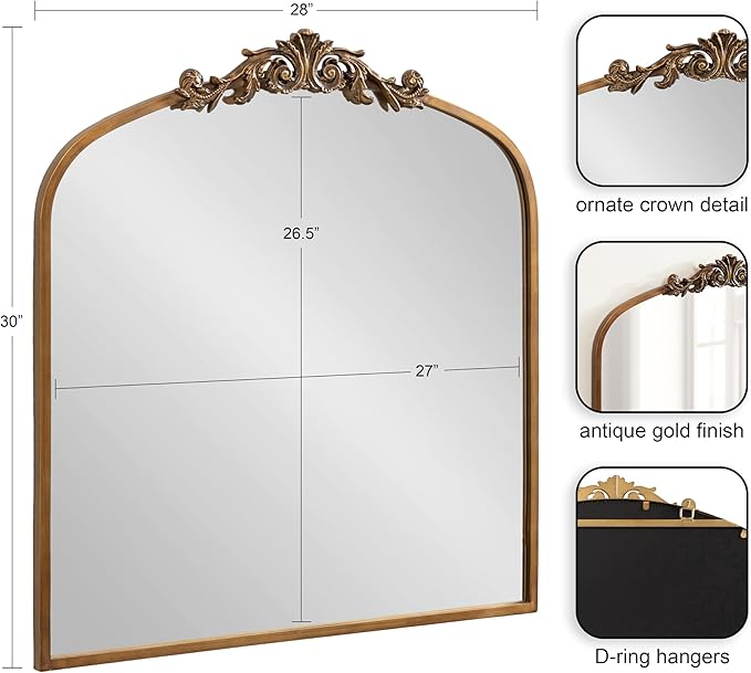 Kate and Laurel Arendahl Ornate Traditional Square Arched Mirror; 28 x 30; Antique Gold; Decorative Baroque Style Arch Vintage Mirror with Wide Frame and Crown