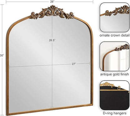 Kate and Laurel Arendahl Ornate Traditional Square Arched Mirror; 28 x 30; Antique Gold; Decorative Baroque Style Arch Vintage Mirror with Wide Frame and Crown