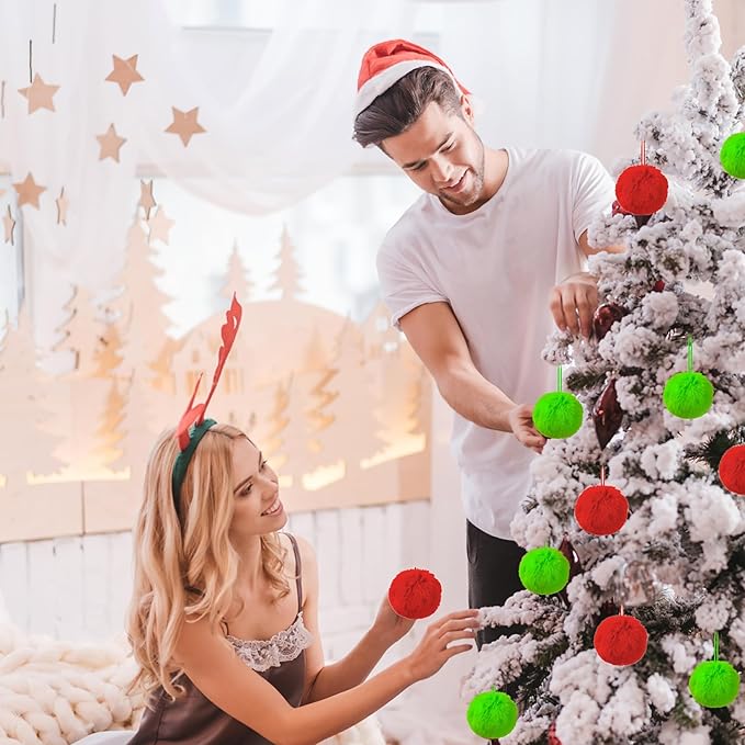 12Pcs Lime Green and Red 3.15 Inch Furry Christmas Ornaments, Soft Fluffy Fuzzy Pom Pom Balls, Christmas Decorations Hanging Ornaments for Christmas Tree, Holiday Party, DIY Craft, and Mantel Decor