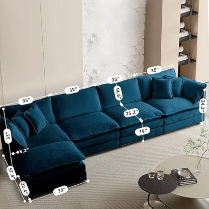 SoarFlash Chenille Sectional Sofa, Comfy L Shaped Modular Coush Sofa with Ottoman, Modern 4 Seat Couch Deep Seat Sofa Set for Living Room,Deep Blue