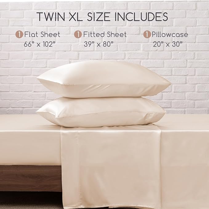 MR&HM Satin Bed Sheets, Twin XL Size Sheets Set, 3 Pcs Silky Bedding Set with 15 Inches Deep Pocket for Mattress (Twin XL, Beige)