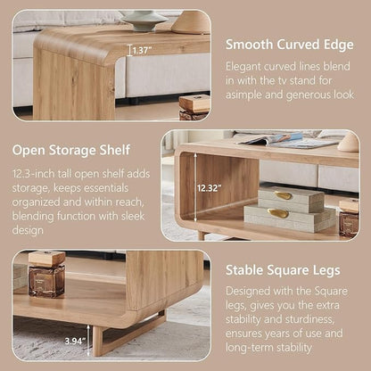 48" Modern Coffee Table, 2-Tier Minimalist Center Table with Storage Shelf, Curved Profile Design, Wooden Rectangular Living Room Table w/Wood Thick Design for Living Room, Office, Natural Oak