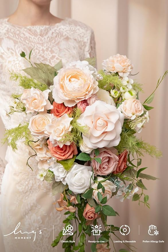 Ling's moment Pink Bride Wedding Bouquet - 15 Inch Wedding Blush Garden Artificial Flowers for Bride