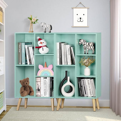 LEYAOYAO 5 Cube Bookshelf 3-Tier Bookcase with Legs,Mint Green Kids Book Shelf Cute Storage Organizer,Free Standing Open Toy Shelves Wood Bookshelves,Display Bookcases for Bedroom,Living Room,Nursery
