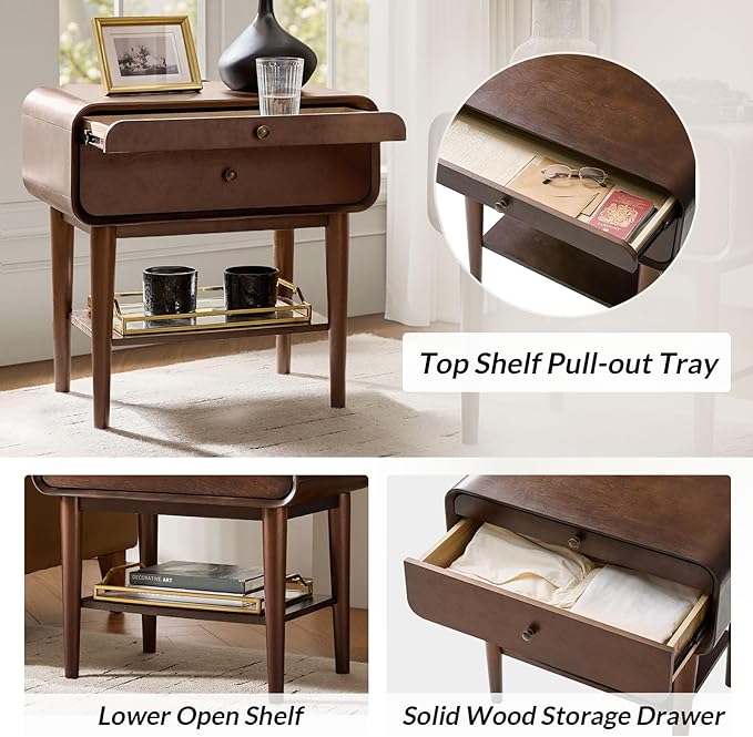 HULALA HOME Nightstand Set of 2 with Pull-Out Shelf, Mid Century Modern End Table with Storage Drawer, Charging Station, Solid Wood Legs, Walnut